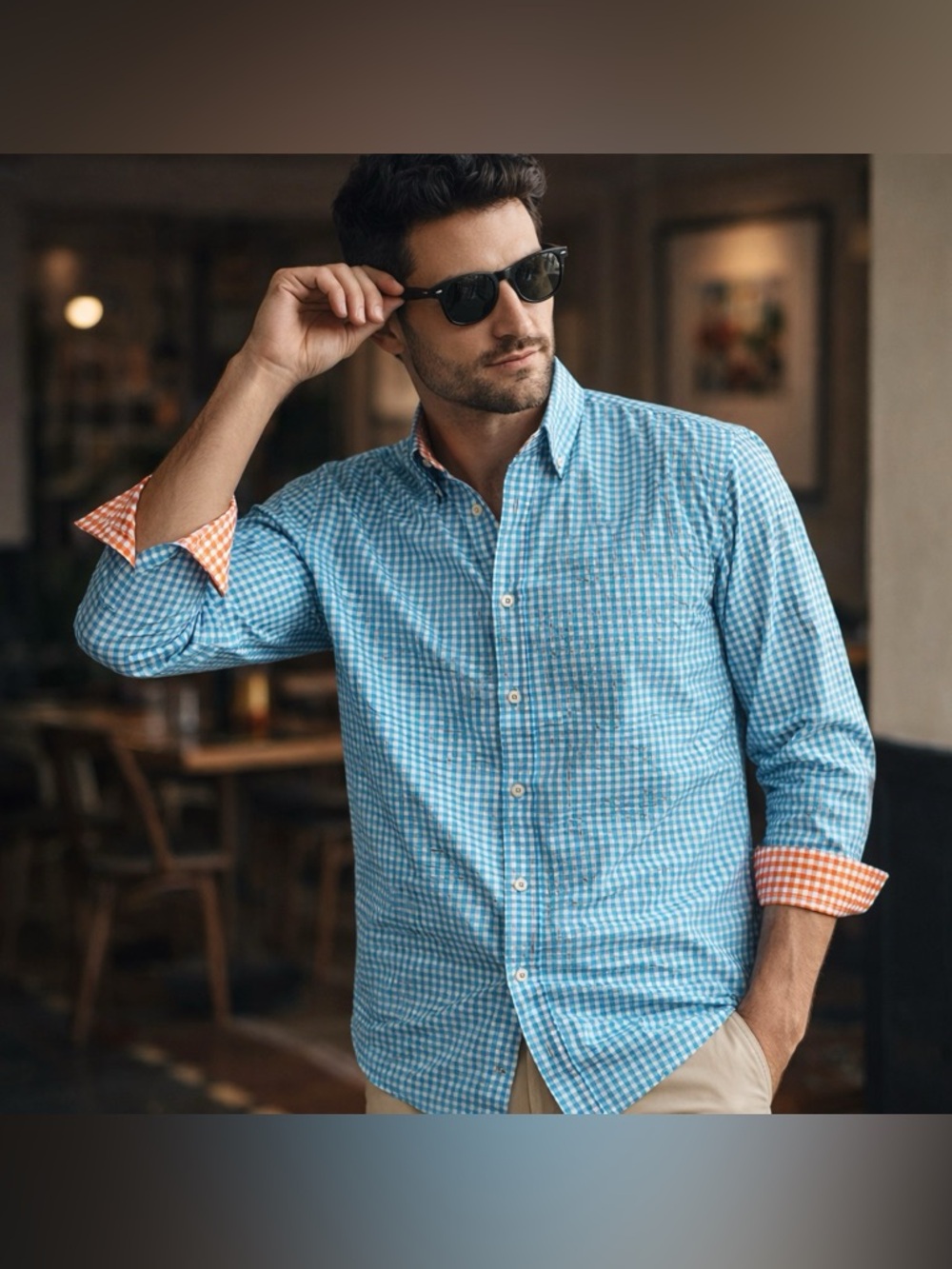 Modern Preppy Tailored‎ Fit Gingham Button Down Blue Orange Shirt